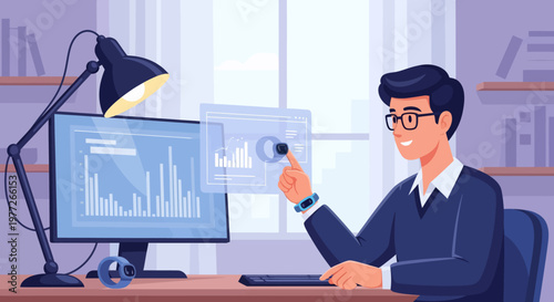 Man Analyzing Data on Computer Screen.