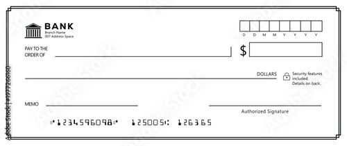 Bank check, vector blank money cheque, checkbook template with guilloche pattern and fields. Currency payment coupon, money check background