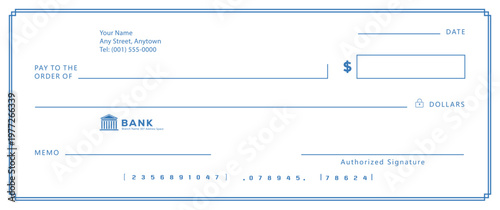 Bank check, vector blank money cheque, checkbook template with guilloche pattern and fields. Currency payment coupon, money check background