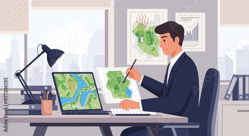 Man Analyzing Digital Map on Laptop Screen.