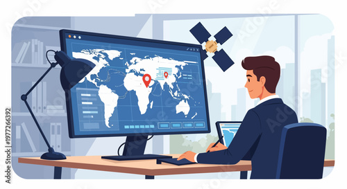 Man Analyzing Global Satellite Data on Computer.
