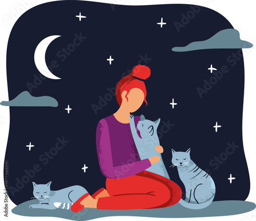 Woman cuddling cat at night under stars and moon