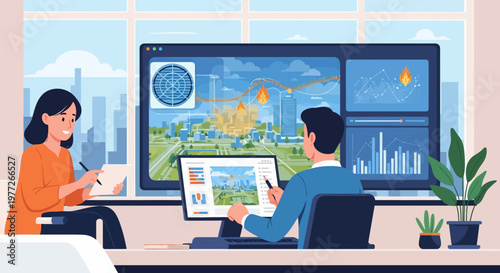 Man and Woman Analyzing Data on Screens.
