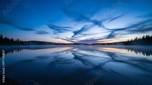 Calm Lake Scene Shimmering Mist Rising at Dawn Over Quiet Water