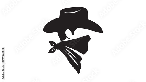 Cowboy hat and bandana silhouette, representing rugged Western style and a mysterious figure. featuring character, isolated, black with white and