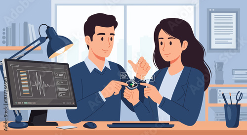 Man and woman collaborating on smartwatch project.