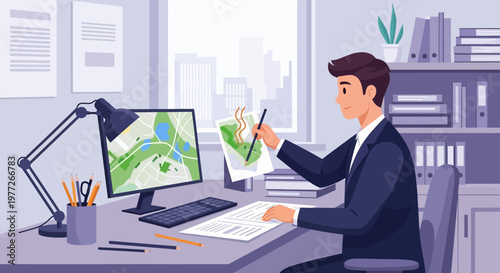 Man Designing on Computer and Paper.