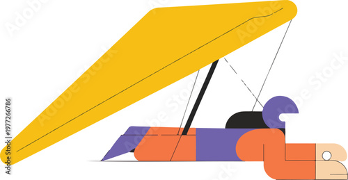 Flat minimalist illustration of a colorful hang glider in flight, representing extreme sports, outdoor adventure, aviation, and freedom concepts.