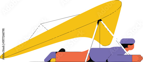 Flat minimalist illustration of a colorful hang glider in flight, representing extreme sports, outdoor adventure, aviation, and freedom concepts.