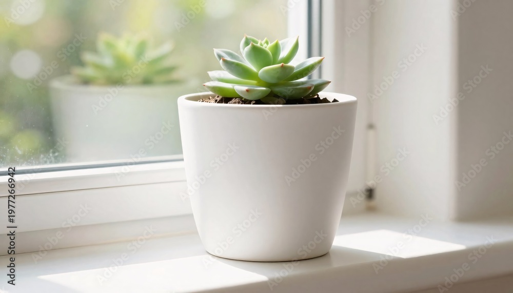 Fototapeta premium White ceramic plant pot with succulent on sunny windowsill mockup