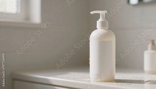 White pump dispenser bottle with blank label on bathroom counter