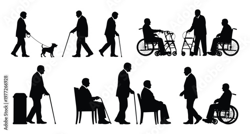Diverse group of people silhouettes including those with disabilities walking using mobility aids and resting in public spaces