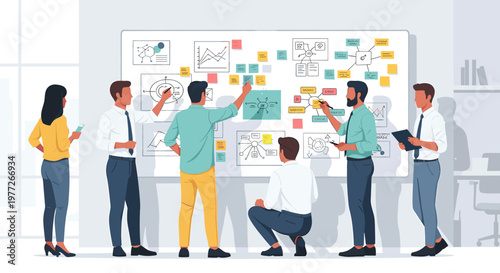 A diverse team of professionals collaborating on a whiteboard with sticky notes and diagrams, brainstorming ideas for a project.