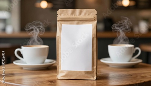 Kraft paper coffee bag with blank label on wooden cafe table