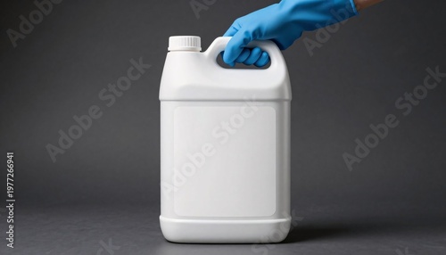 Hand in blue glove holding white plastic gallon jug blank label