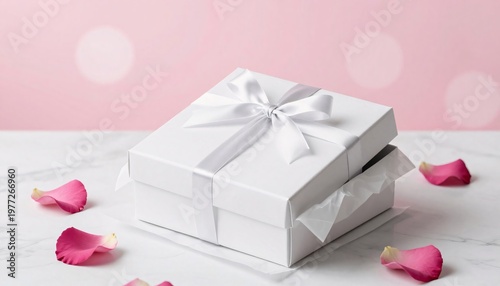 White gift box with ribbon bow and rose petals on pink background
