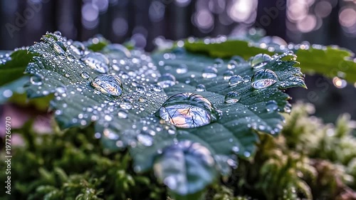 Leaf Surface Droplets Glimmering in Soft Forest Light