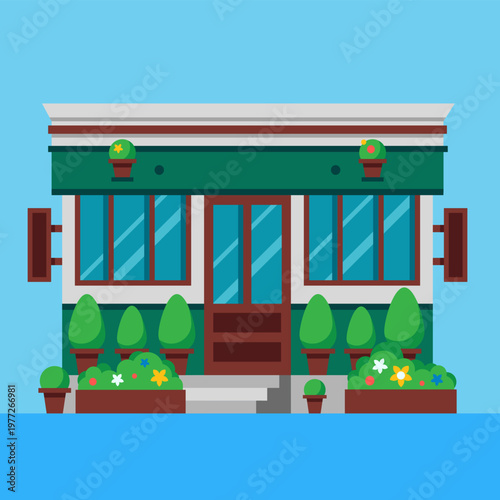 Small business building storefront with green awning
