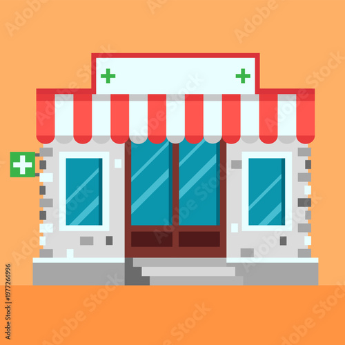 Pharmacy building with pixel art flat design