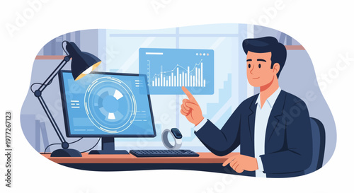 Man in Suit Analyzing Data on Computer.