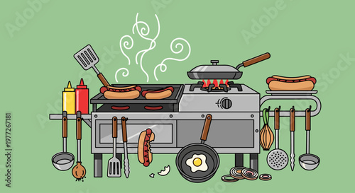 A colorful illustration of a barbecue grill with hot dogs, cooking utensils, and condiments, perfect for a casual outdoor gathering or picnic.