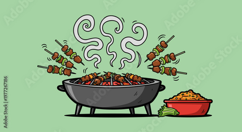 A cartoon-style illustration of a barbecue grill with skewers of meat and vegetables, accompanied by a bowl of rice.