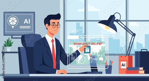 Man interacting with virtual AI interface.