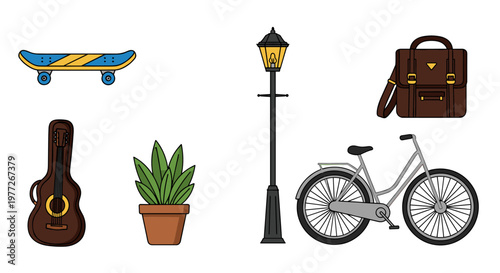 A collection of urban objects on a white background, evoking a sense of city living and transportation.