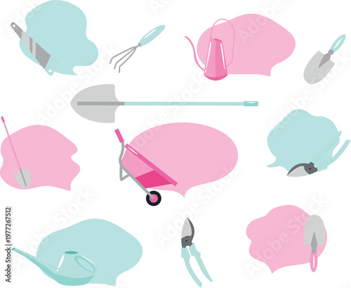 set of various abstract colored spots and icons on the theme of garden tools in sketch style located next to them, for thematic backgrounds, stickers or social networks
