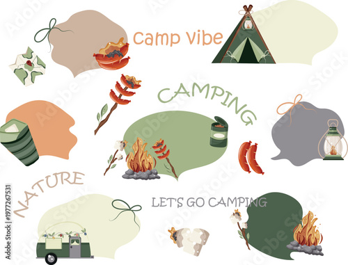 set of various abstract colored spots and camping-themed icons located next to them, for themed backgrounds, stickers or social networks