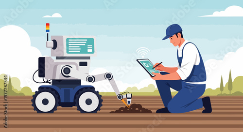 Man Operating Robot in Agricultural Field.