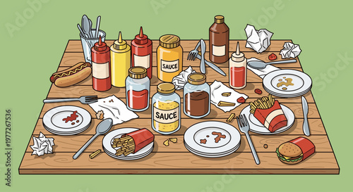 A messy table with fast food, condiments, and utensils, evoking a sense of chaos and disorganization.