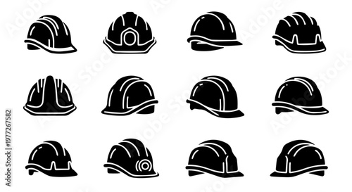 A diverse collection of builder and engineer safety helmet silhouettes for head protection