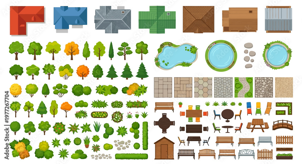 Εκτύπωση καμβά Collection of colorful top down views of buildings trees and landscapes