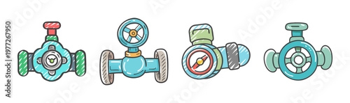 Hand-drawn icons of industrial control valves in various styles and orientations.