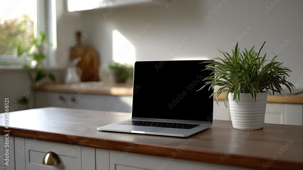 Fototapeta premium A clean workspace featuring an open laptop and a potted green plant arranged on a modern wooden countertop bathed in natural daylight