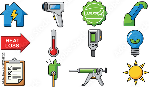 Energy Efficiency and Home Insulation Icon Set for Heat Loss Detection, Tools, and Sustainable Solutions