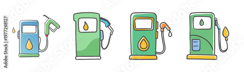 Collection of hand-drawn icons depicting fuel dispensers at a gas station.