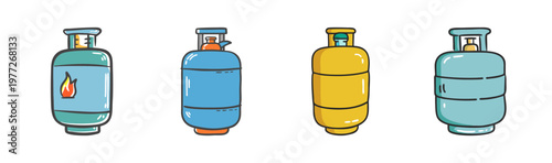 Set of four cartoon gas cylinders in various colors and styles.