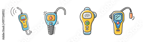 Four cartoon icons representing gas leak detectors and testing equipment.