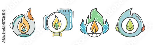 Natural gas flame and energy icons in a doodle style, vector illustration.