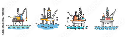 Offshore oil drilling rig platform in the ocean, industrial energy production.