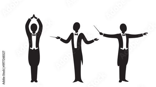 Conductor figures in black and white, showing different poses with a baton and hands raised, ready to lead music.
