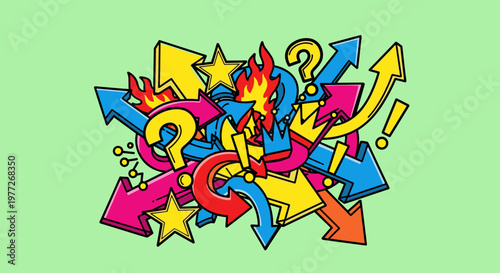 A colorful comic-style illustration representing confusion and questions, ideal for conveying mixed emotions or puzzlement in marketing and educationa