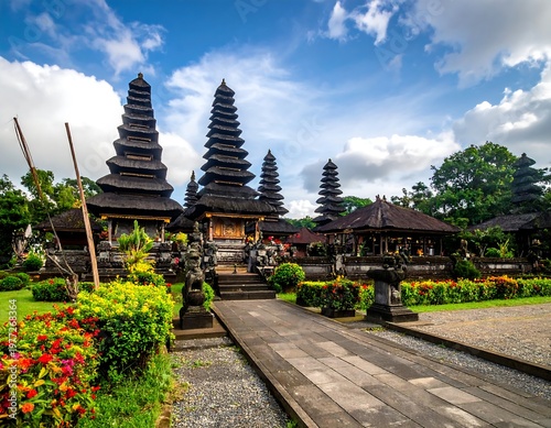 Ornate structures under blue sky and clouds. Stone path leading towards the structures. Flowers in the foreground