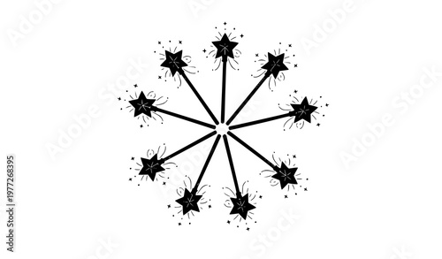 Decorative magic wand silhouettes in circular layout with sparkles and stars fantasy vector set