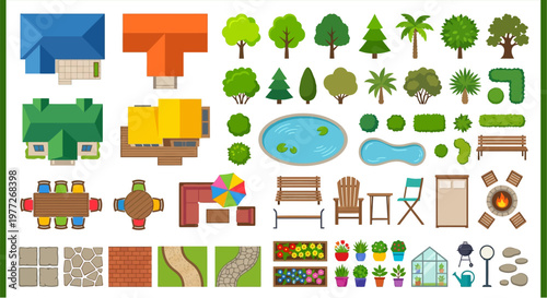 Assorted colorful top down views of houses trees and garden objects