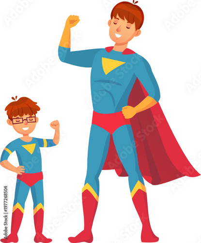Superhero father and son flexing arm muscles