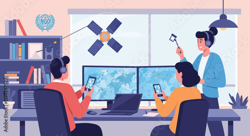 Team Discussing Satellite Technology and Mapping.