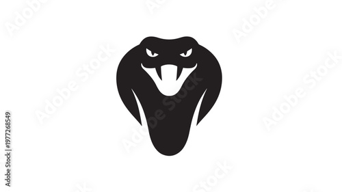 Cobra snake head silhouette with sharp fangs and forked tongue, an aggressive black iconic reptile symbol against a white background.